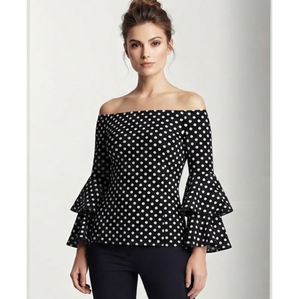 Forever Grace Black White Polka Dot Off Shoulder Tiered Bell Sleeve Blouse S